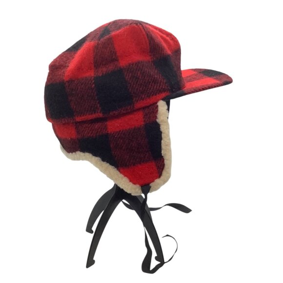 CROWNCAP The Yukon Buffalo Check Fudd Cap Shearling Ear Flaps Red Black Trapper - Picture 2 of 6